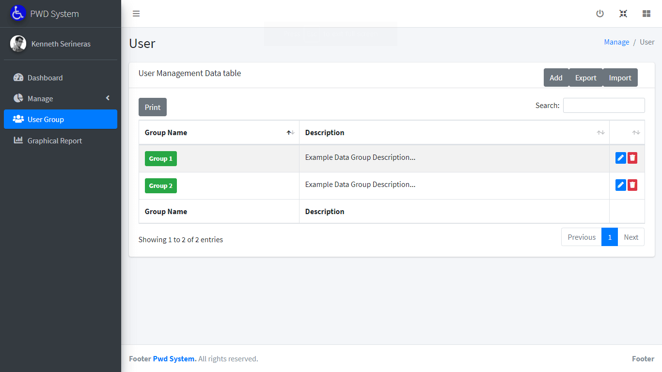 Person with Disability Information System Free Template in PHP and Bootstrap - User Group