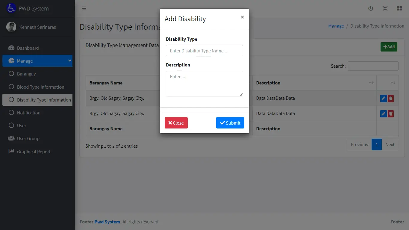 Person with Disability Information System Free Template in PHP and Bootstrap – Encoding of Disability Type Information Management