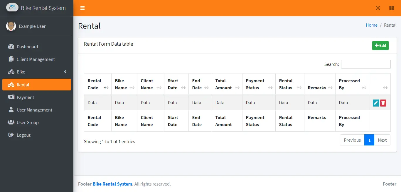 Bike Rental System Free Template in Bootstrap - Admin Rental