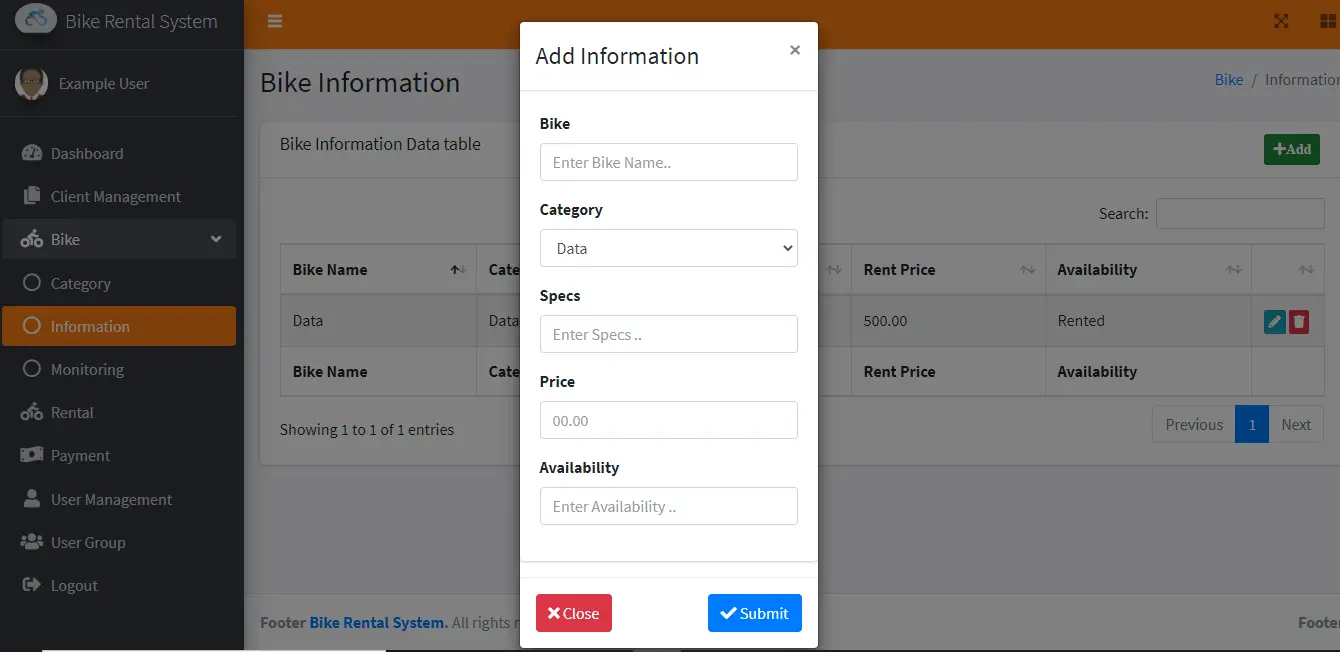 Bike Rental System Free Template in Bootstrap - Bike Information Encoding