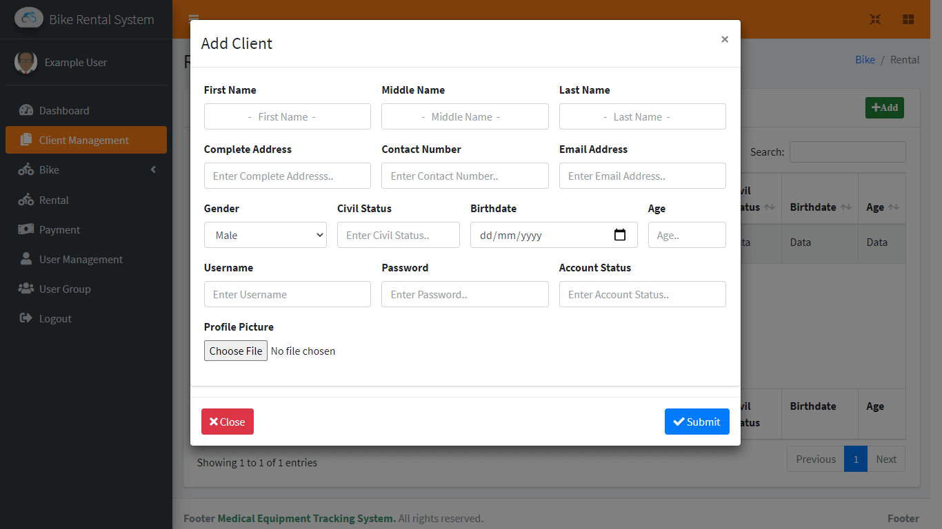 Bike Rental System Free Template in Bootstrap - Client Management Encoding