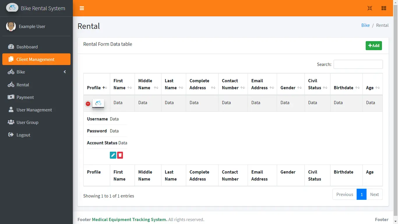 Bike Rental System Free Template in Bootstrap - Client Management