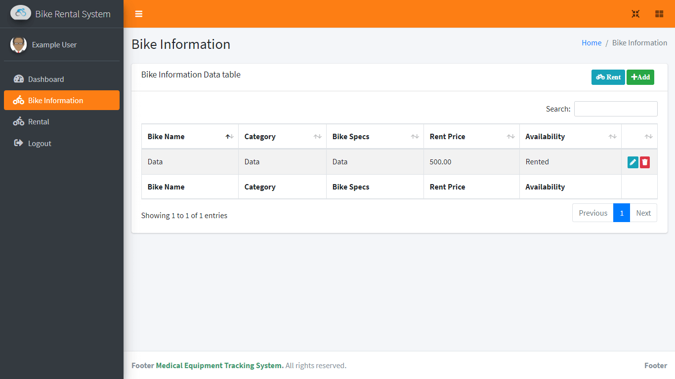 Bike Rental System Free Template in Bootstrap - Member Bike Information