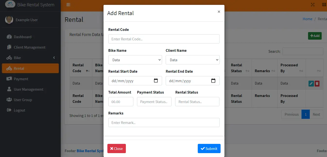 Bike Rental System Free Template in Bootstrap - New Rental Form