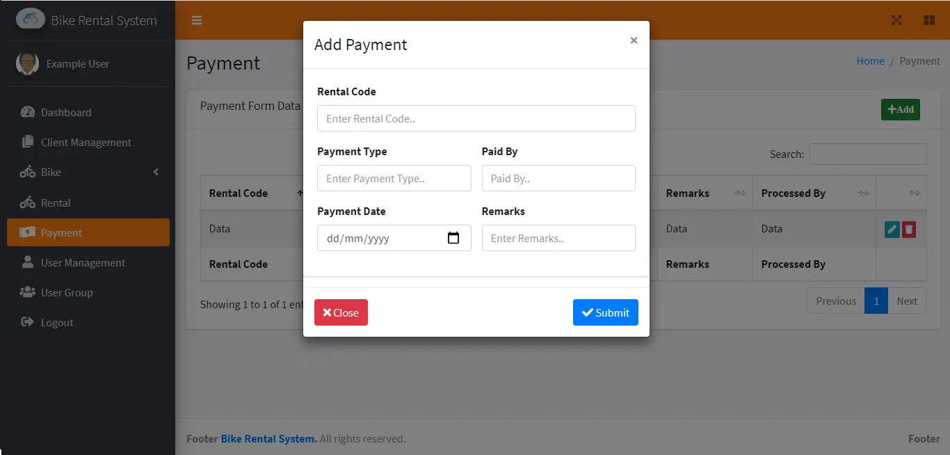 Bike Rental System Free Template in Bootstrap - Payment Encoding