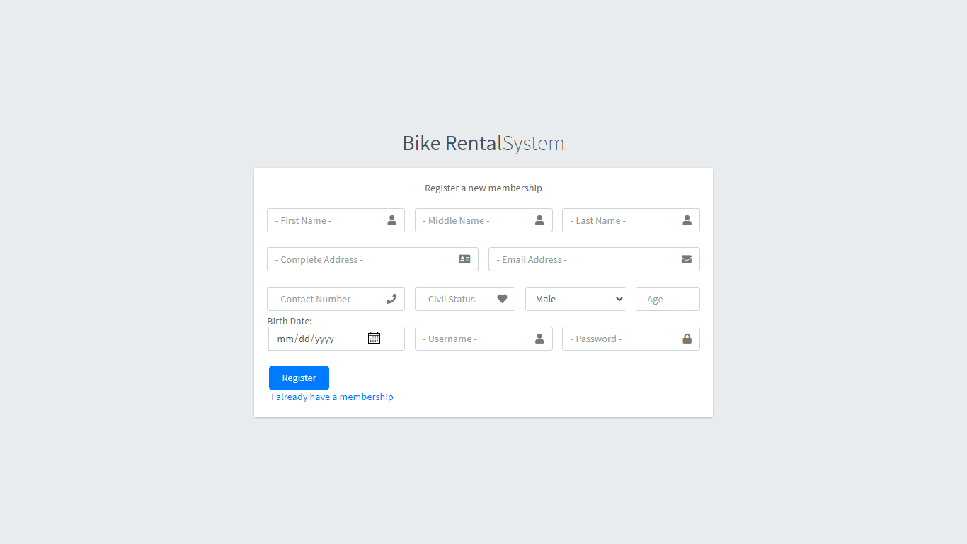 Bike Rental System Free Template in Bootstrap - Registration