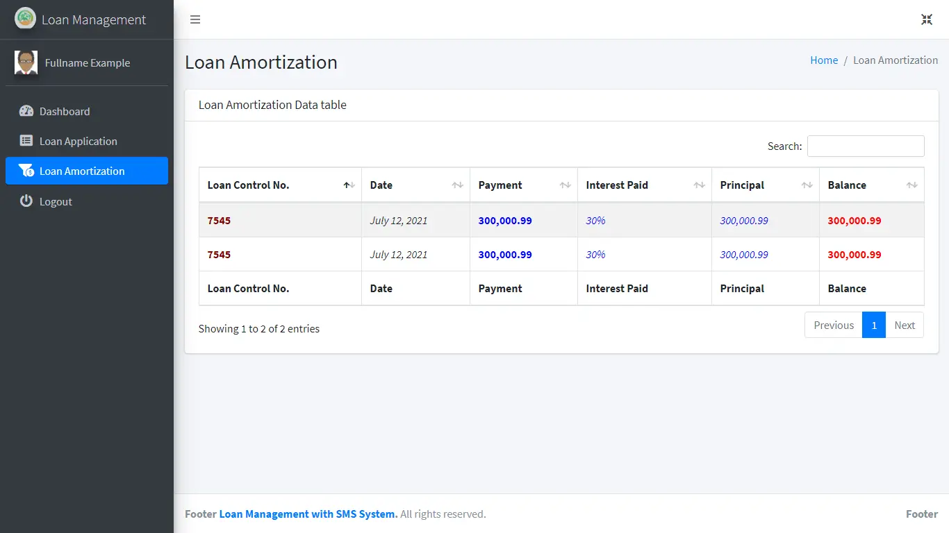 Loan Management System with SMS Free Bootstrap Template - Loan Amortization Table