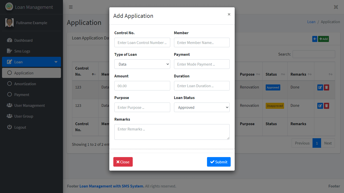 Loan Management System with SMS Free Bootstrap Template - Loan Applicaiton Form