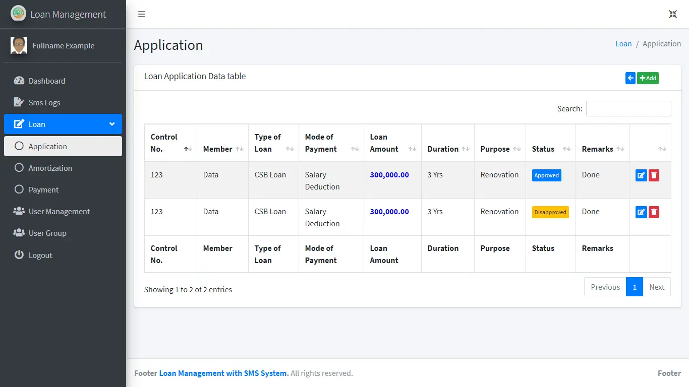 Loan Management System with SMS Free Bootstrap Template - Loan Application Table