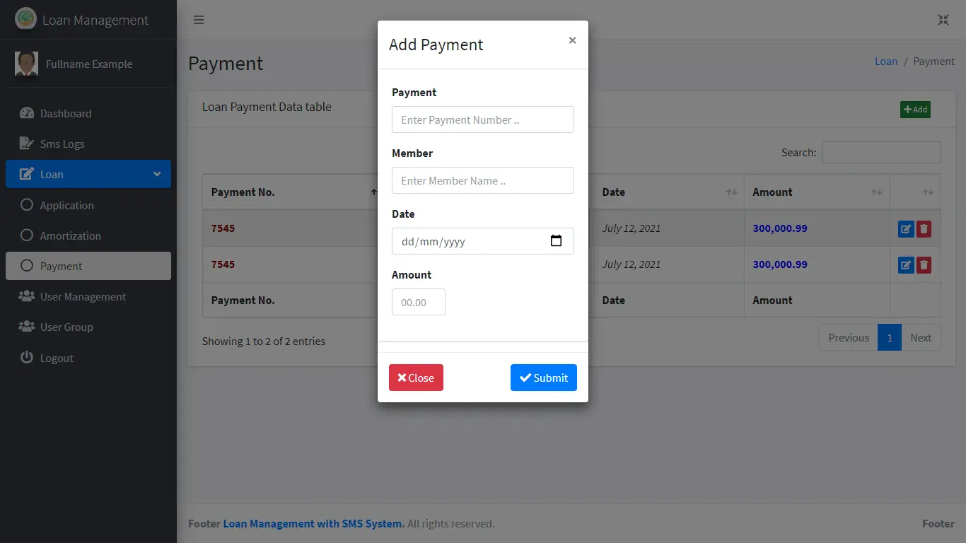 Loan Management System with SMS Free Bootstrap Template - Loan Payment Form