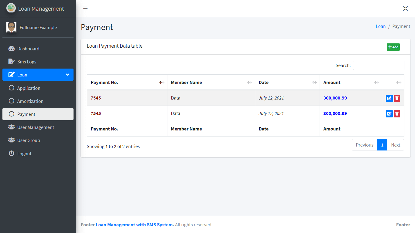 Loan Management System with SMS Free Bootstrap Template - Loan Payment Table