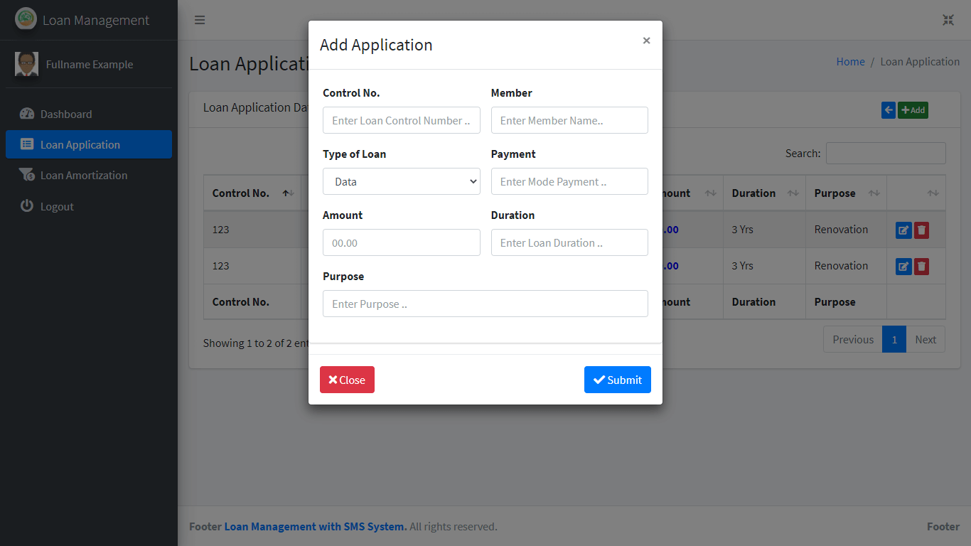 Loan Management System with SMS Free Bootstrap Template - New Loan Application