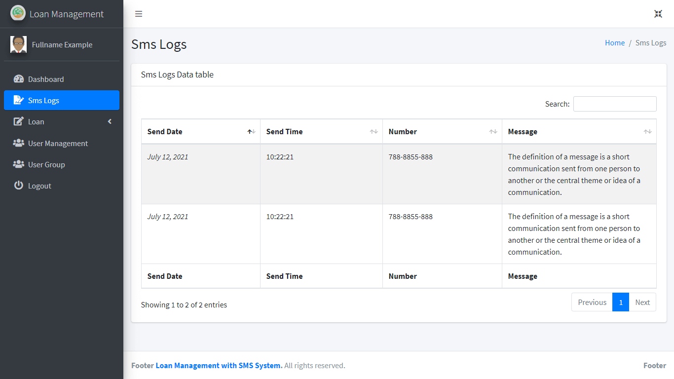 Loan Management System with SMS Free Bootstrap Template - SMS Logs