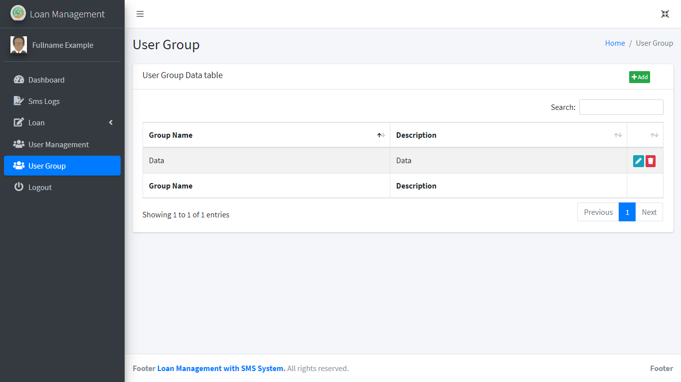 Loan Management System with SMS Free Bootstrap Template - User Group Table