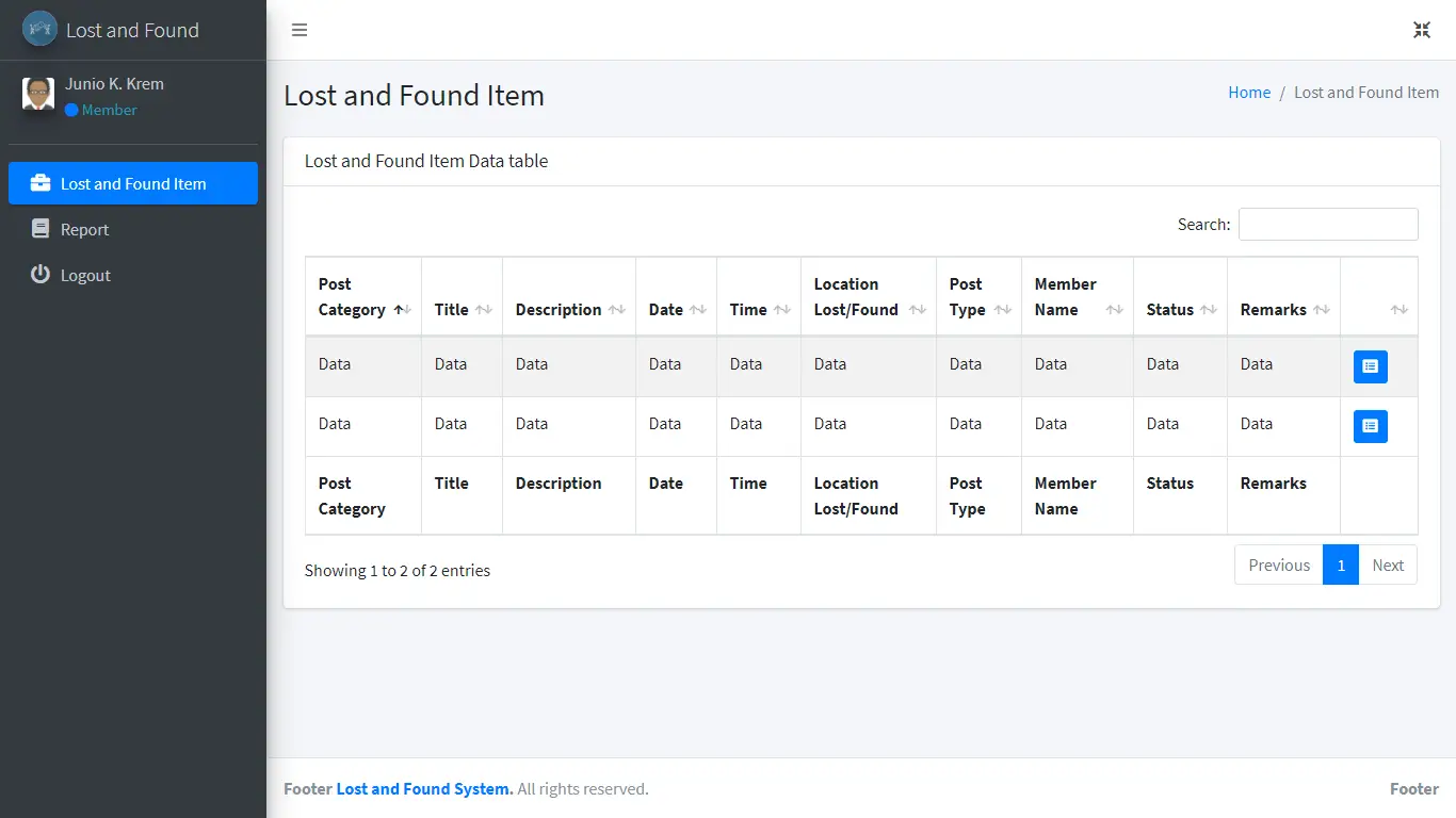 Lost and Found System Free Download Bootstrap Template - List of Items