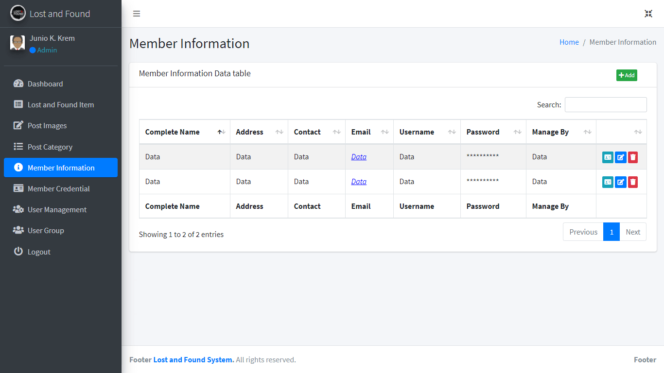 Lost and Found System Free Download Bootstrap Template - Member Information