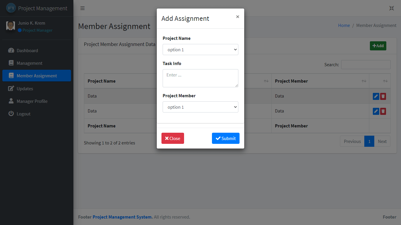 Project Management System Member Assignment Add and Update Form