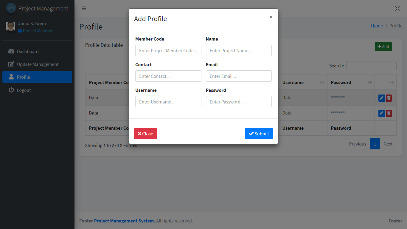 Project Management System Profile Update Form