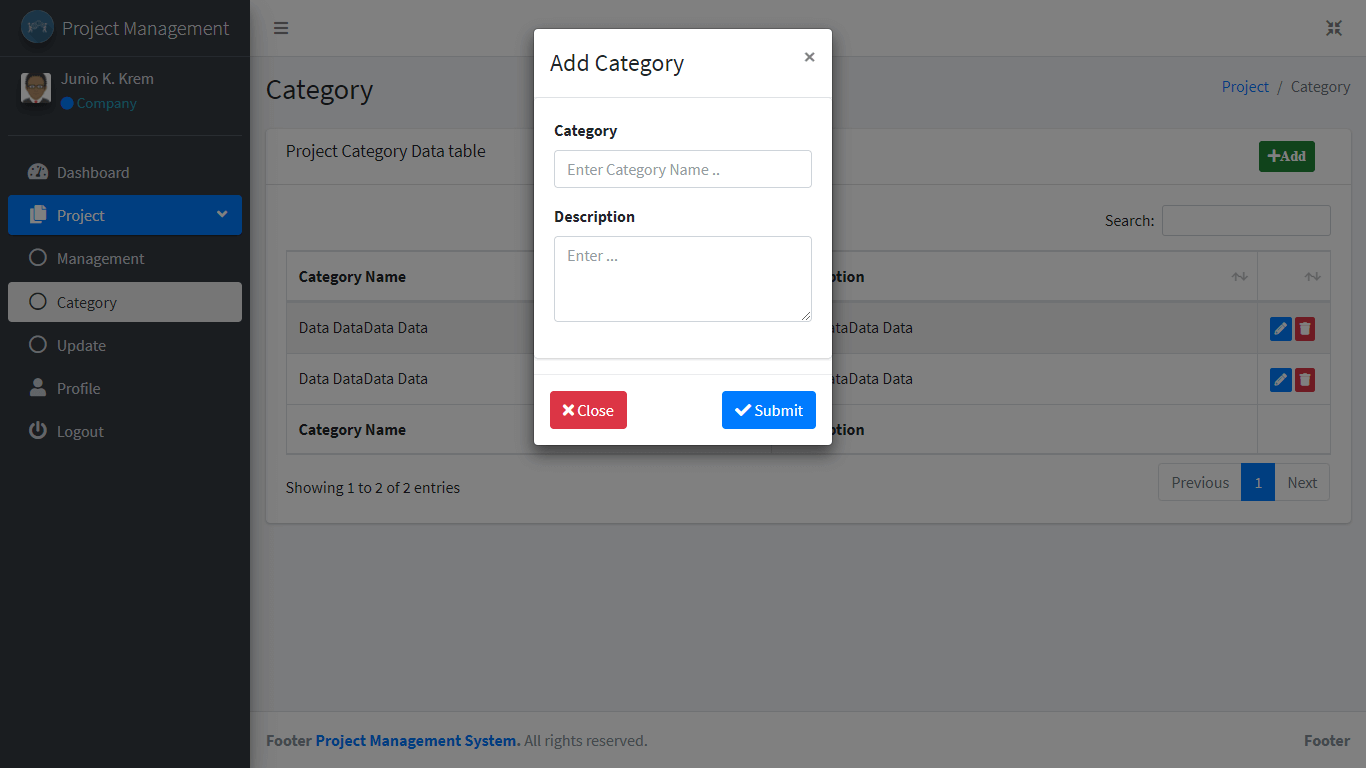 Project Management System Project Category Add and Update Form