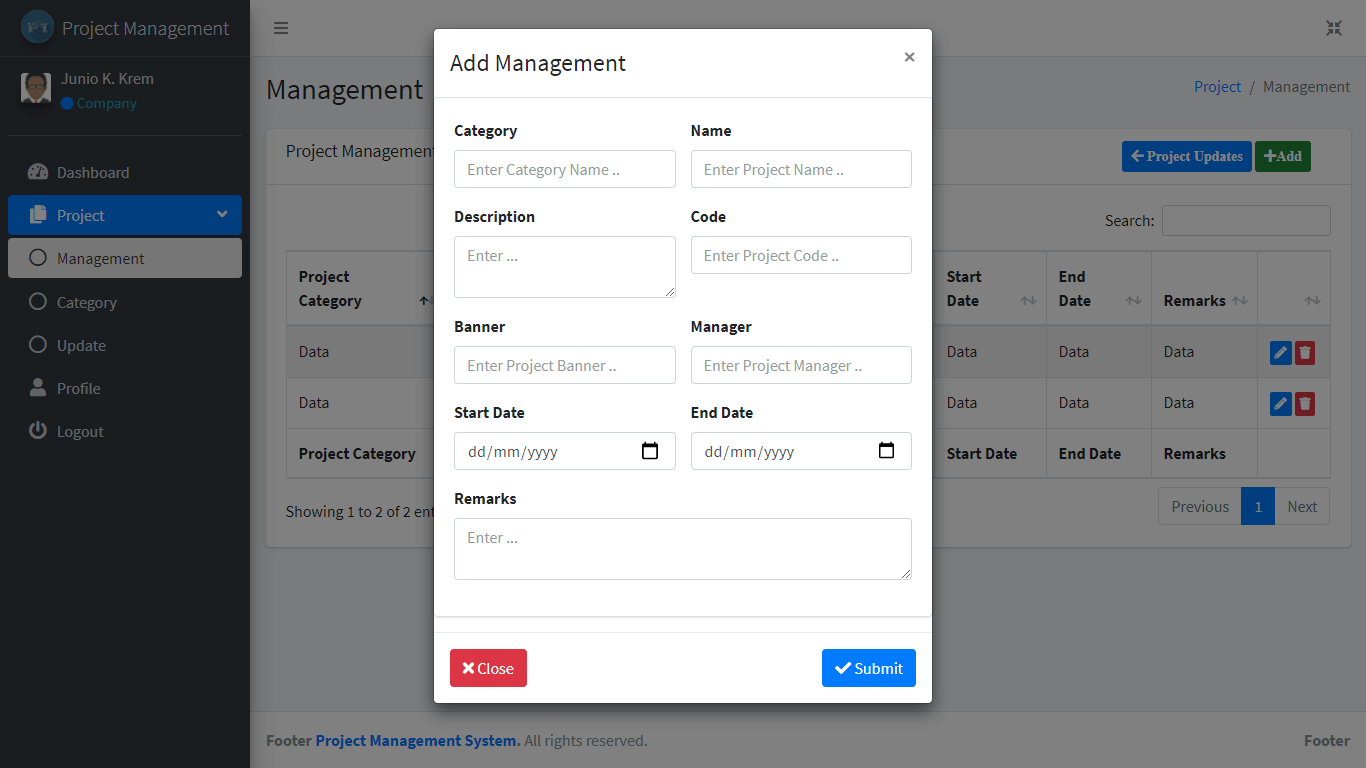 Project Management System Project Management Add and Update Form