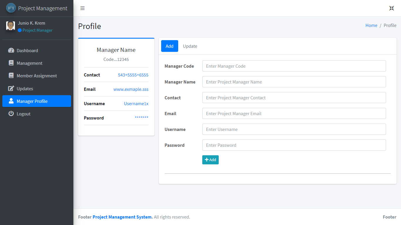 Project Management System Project Mananger Profile