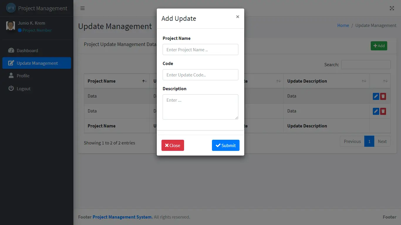 Project Management System Project Update Add and Update Form