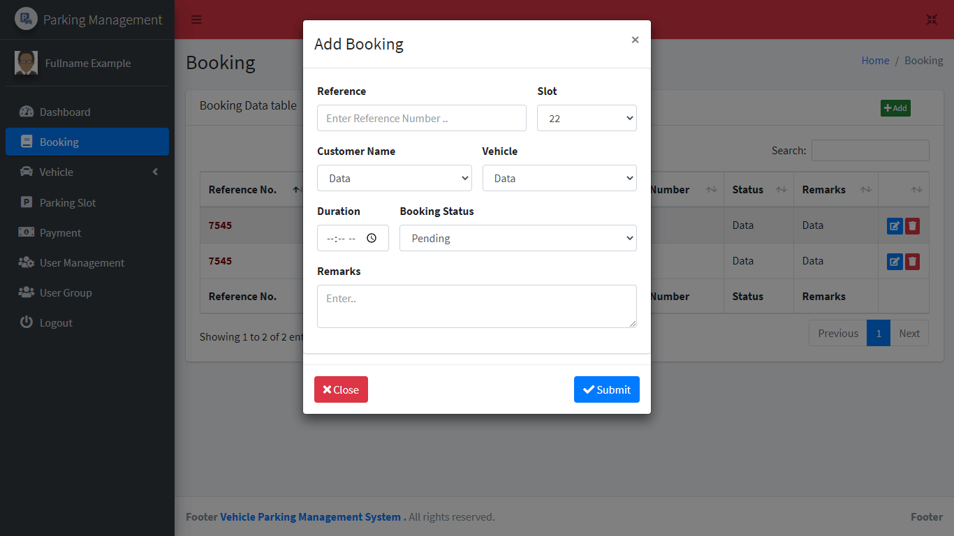 Vehicle Parking Management System Free Bootstrap Template - Booking Encoding Form