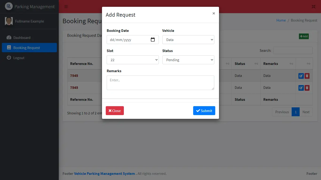 Vehicle Parking Management System Free Bootstrap Template - Customer Booking Request Form