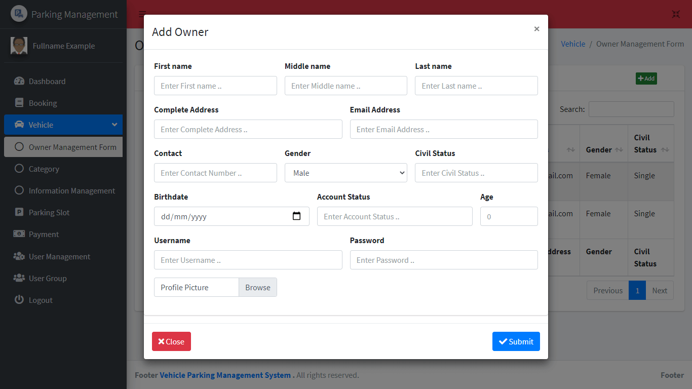 Vehicle Parking Management System Free Bootstrap Template - Owner Management Form