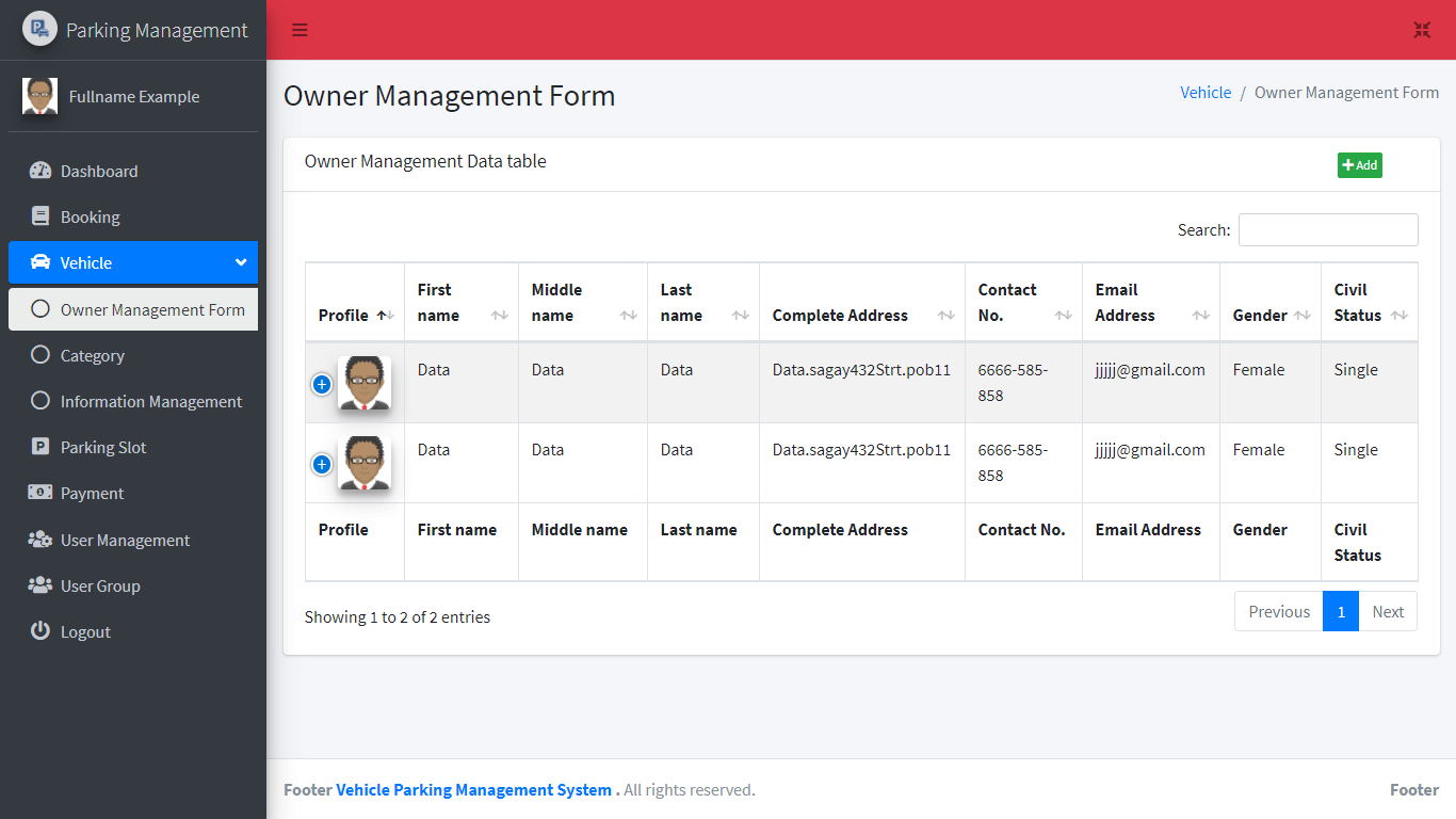 Vehicle Parking Management System Free Bootstrap Template - Owner Management Table