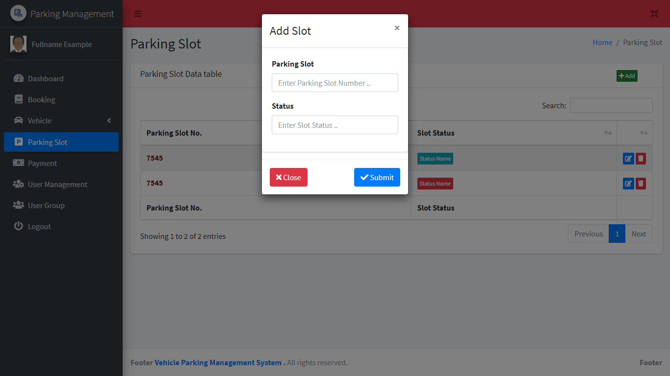 Vehicle Parking Management System Free Bootstrap Template - Parking Slot Form