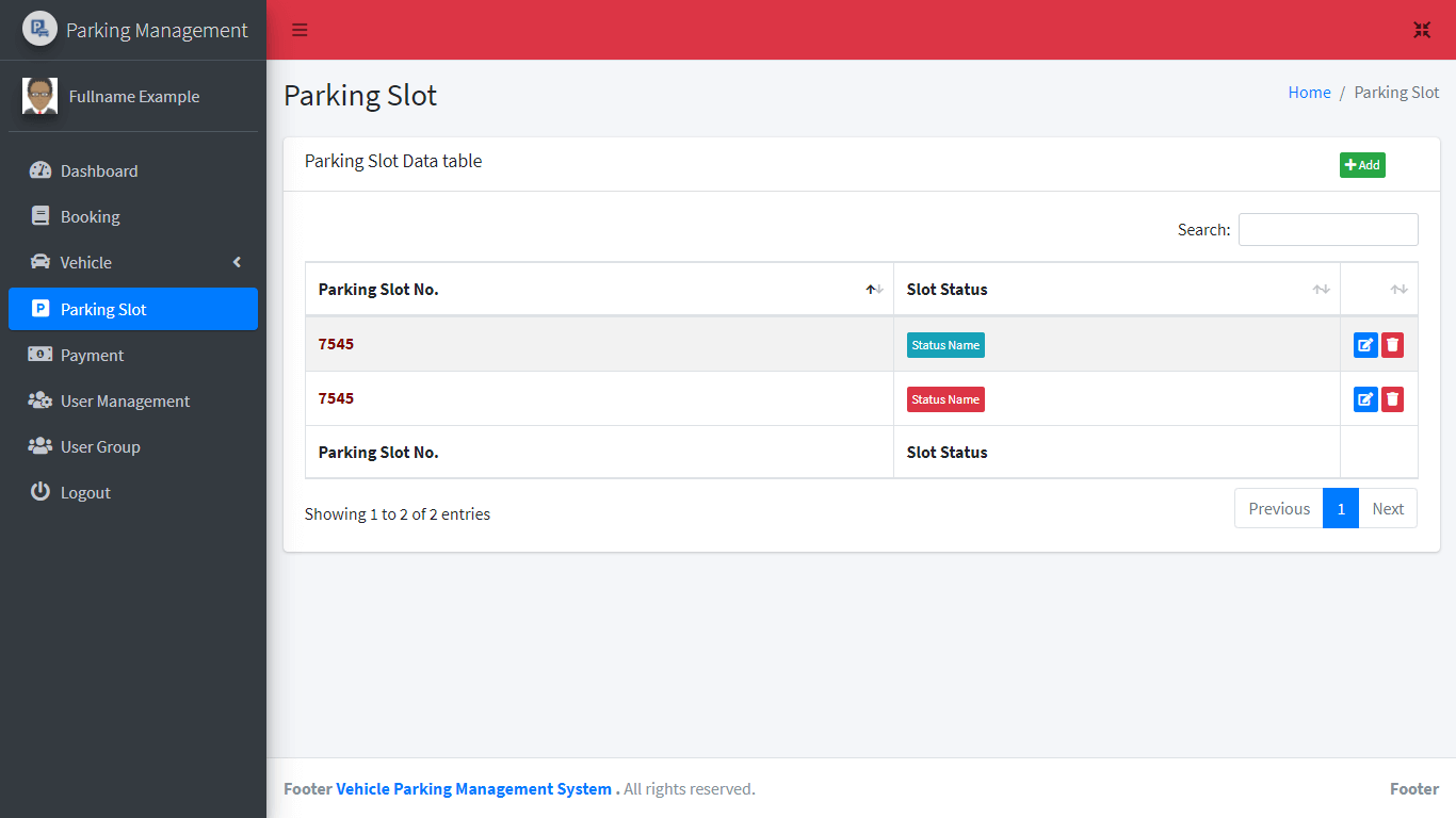 Vehicle Parking Management System Free Bootstrap Template - Parking Slot Table