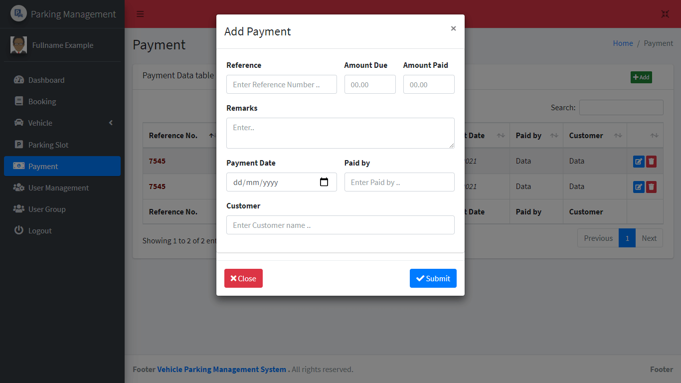 Vehicle Parking Management System Free Bootstrap Template - Payment Form