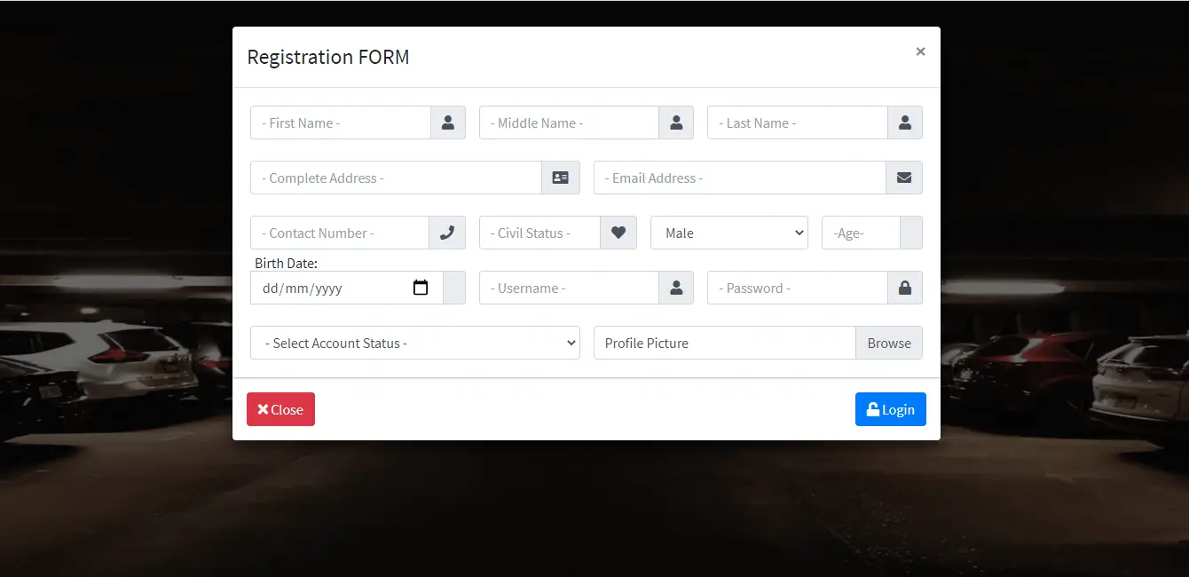 Vehicle Parking Management System Free Bootstrap Template - Registration Form