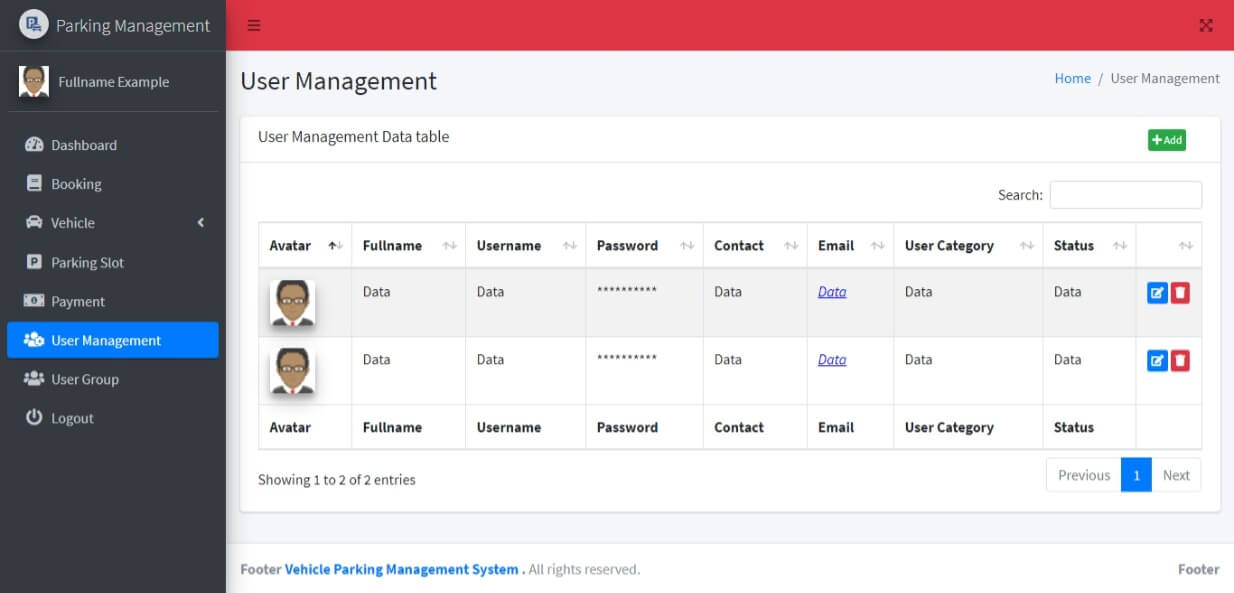 Vehicle Parking Management System Free Bootstrap Template - User Management