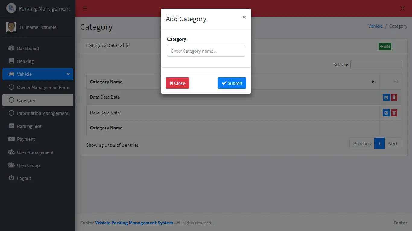 Vehicle Parking Management System Free Bootstrap Template - Vehicle Category Form