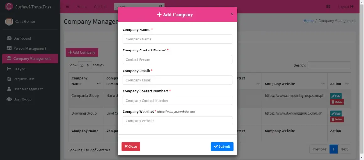 Curfew and Travel Pass Information System - Company Information Management