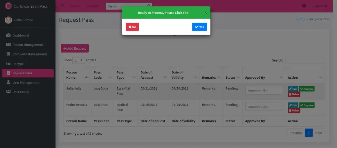 Curfew and Travel Pass Information System - Request Pass Management