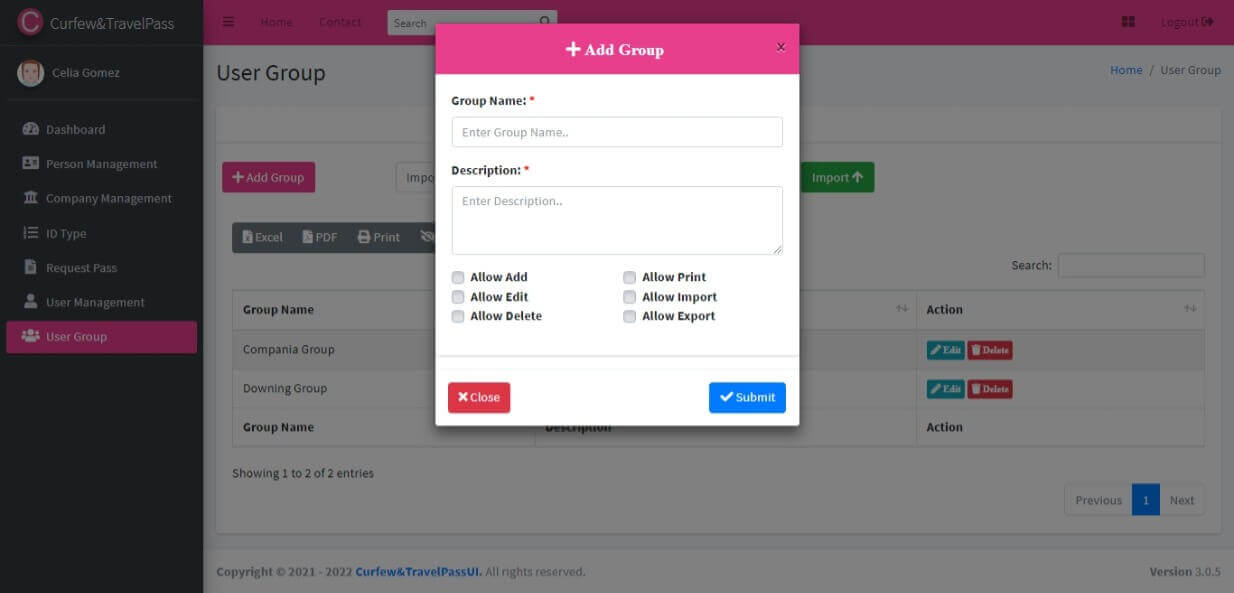 Curfew and Travel Pass Information System - User Group Management