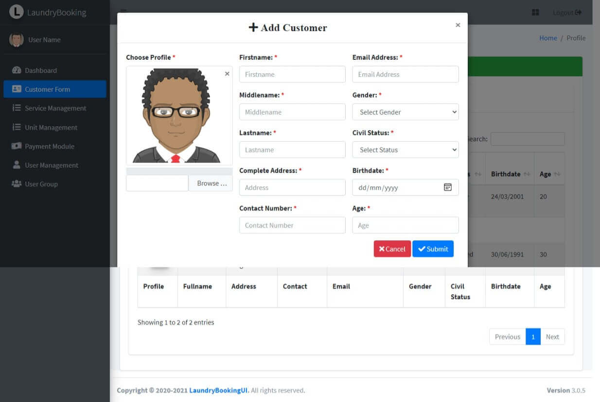 Laundry Booking System Free Download Bootstrap Template - Add New Customer