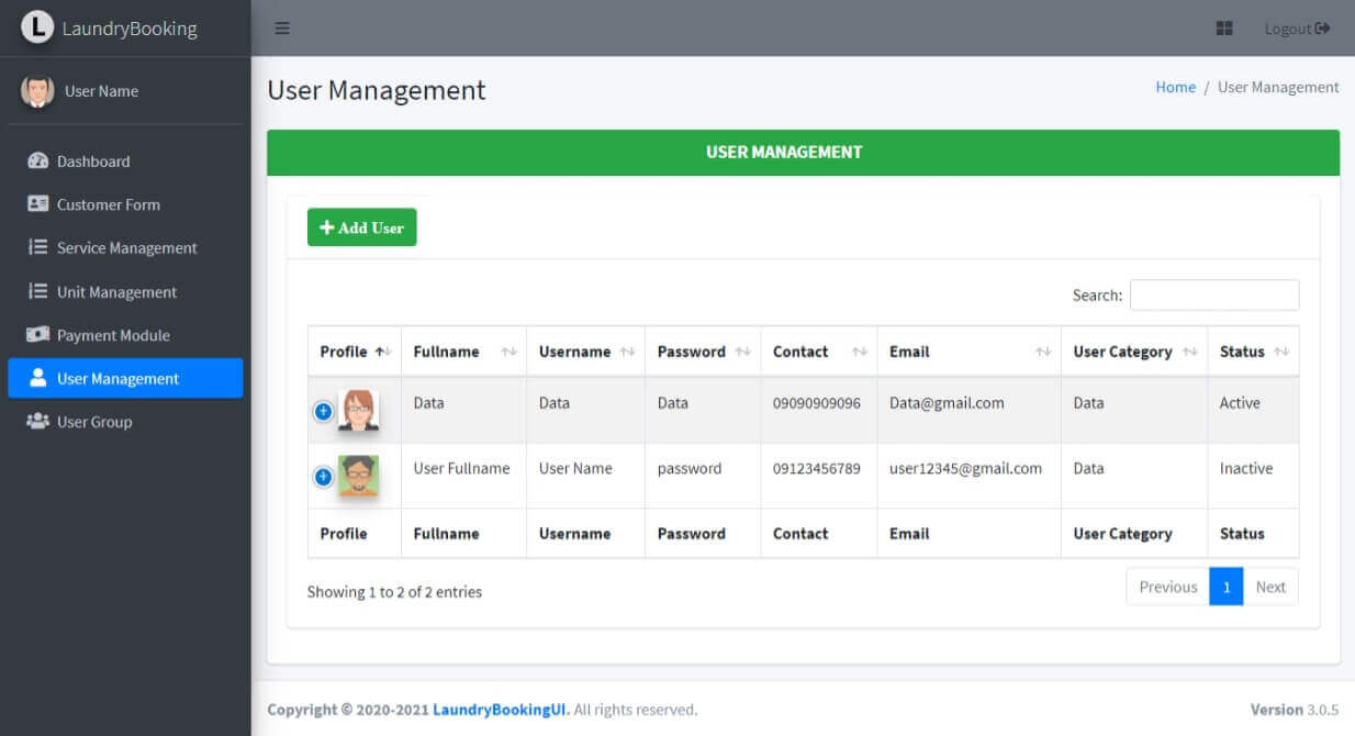 Laundry Booking System Free Download Bootstrap Template - User Management