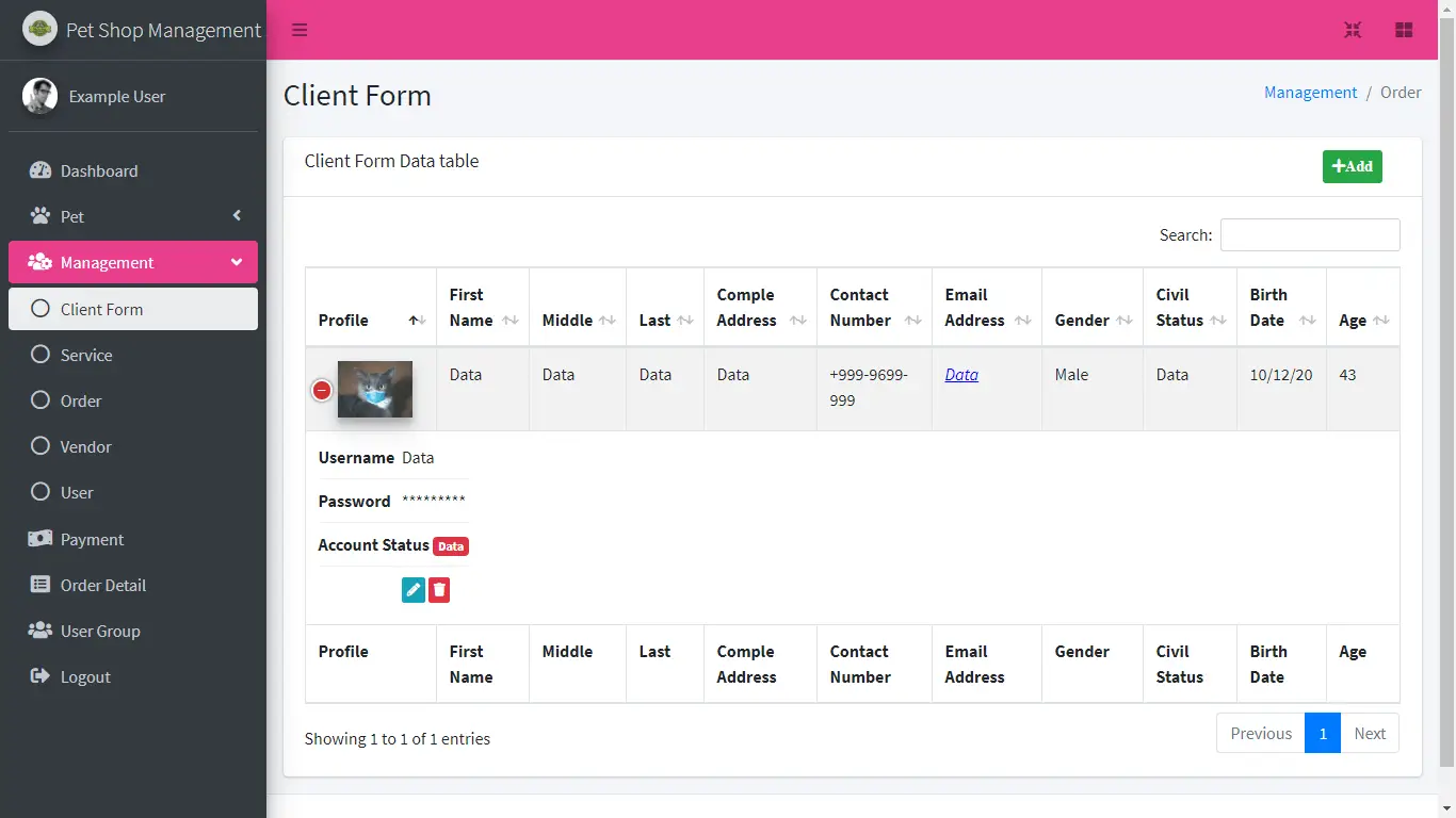Pet shop Management System Free Download Bootstrap Template - Client Form Table