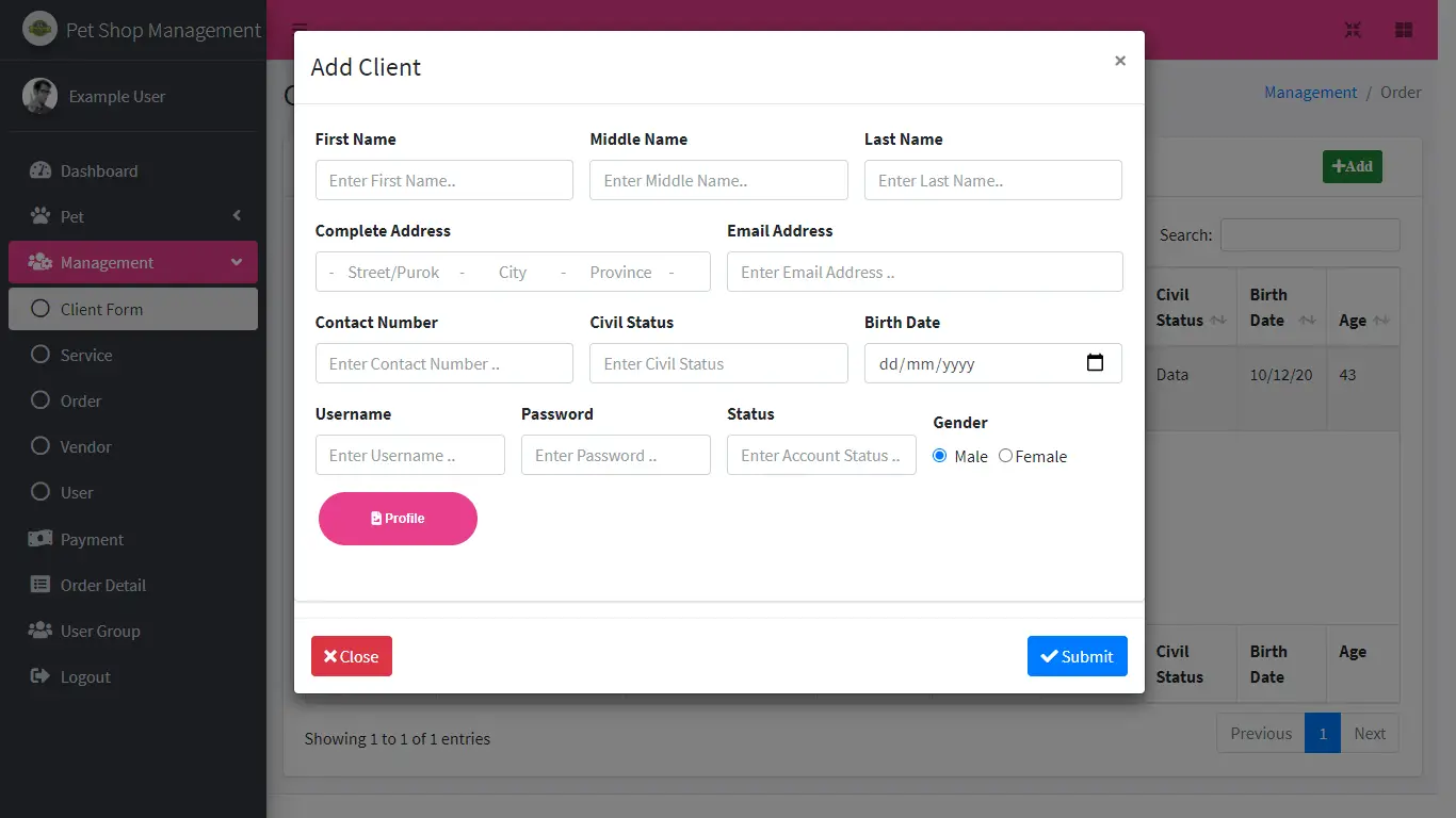 Pet shop Management System Free Download Bootstrap Template - Client Form