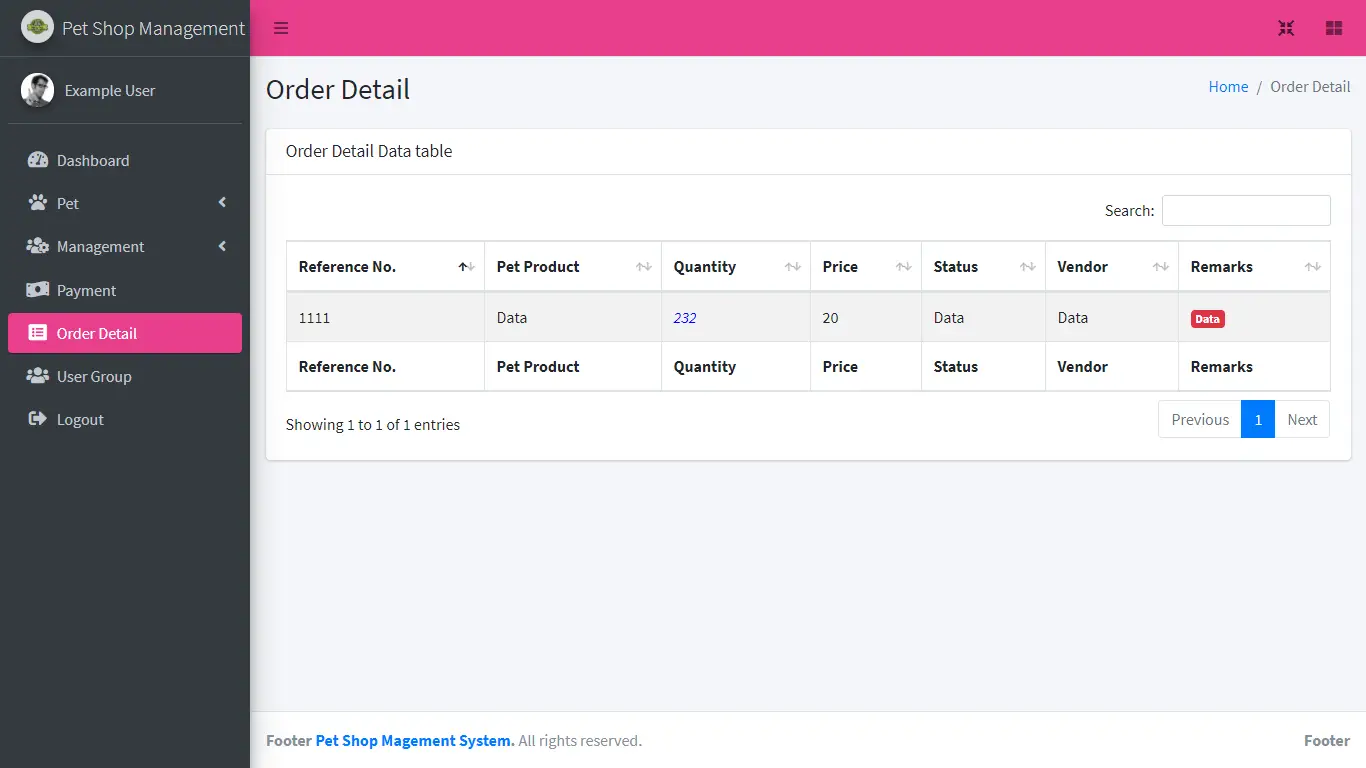 Pet shop Management System Free Download Bootstrap Template - Order Detail