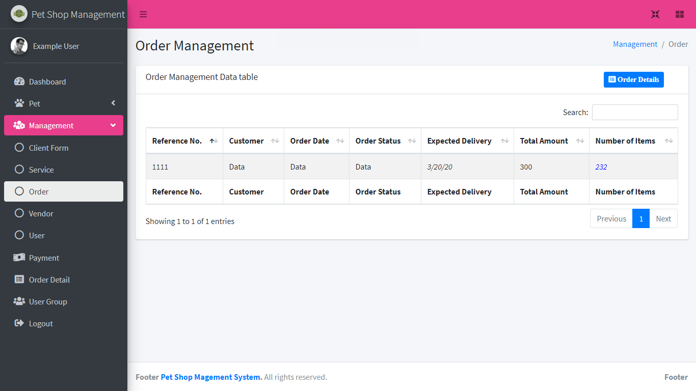 Pet shop Management System Free Download Bootstrap Template - Order List