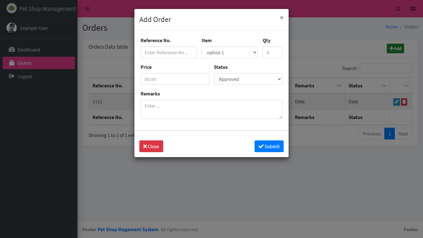 Pet shop Management System Free Download Bootstrap Template - Orders Add