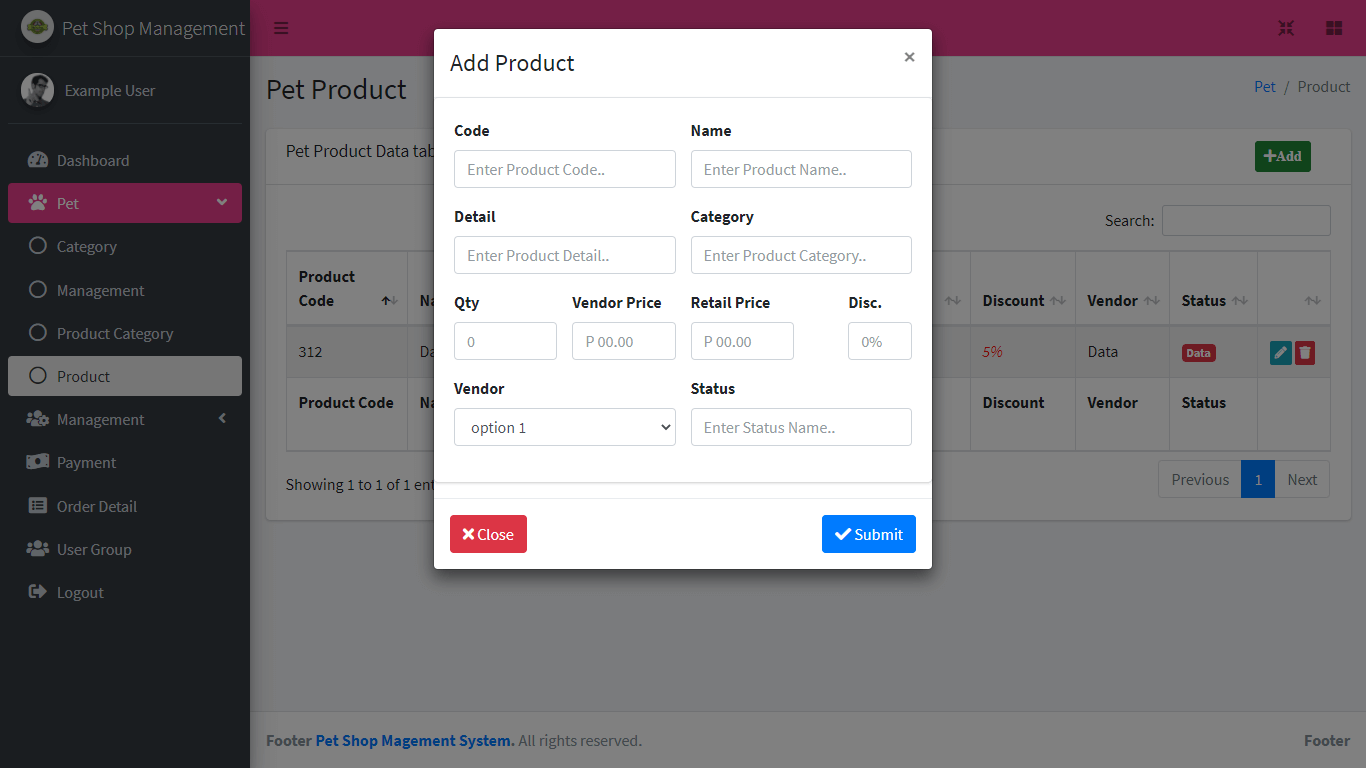 Pet shop Management System Free Download Bootstrap Template - Pet Product Form