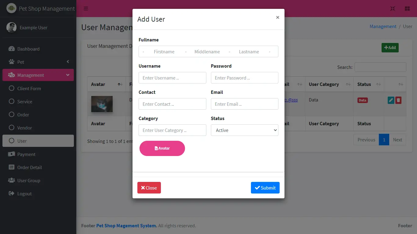 Pet shop Management System Free Download Bootstrap Template - User Management Form