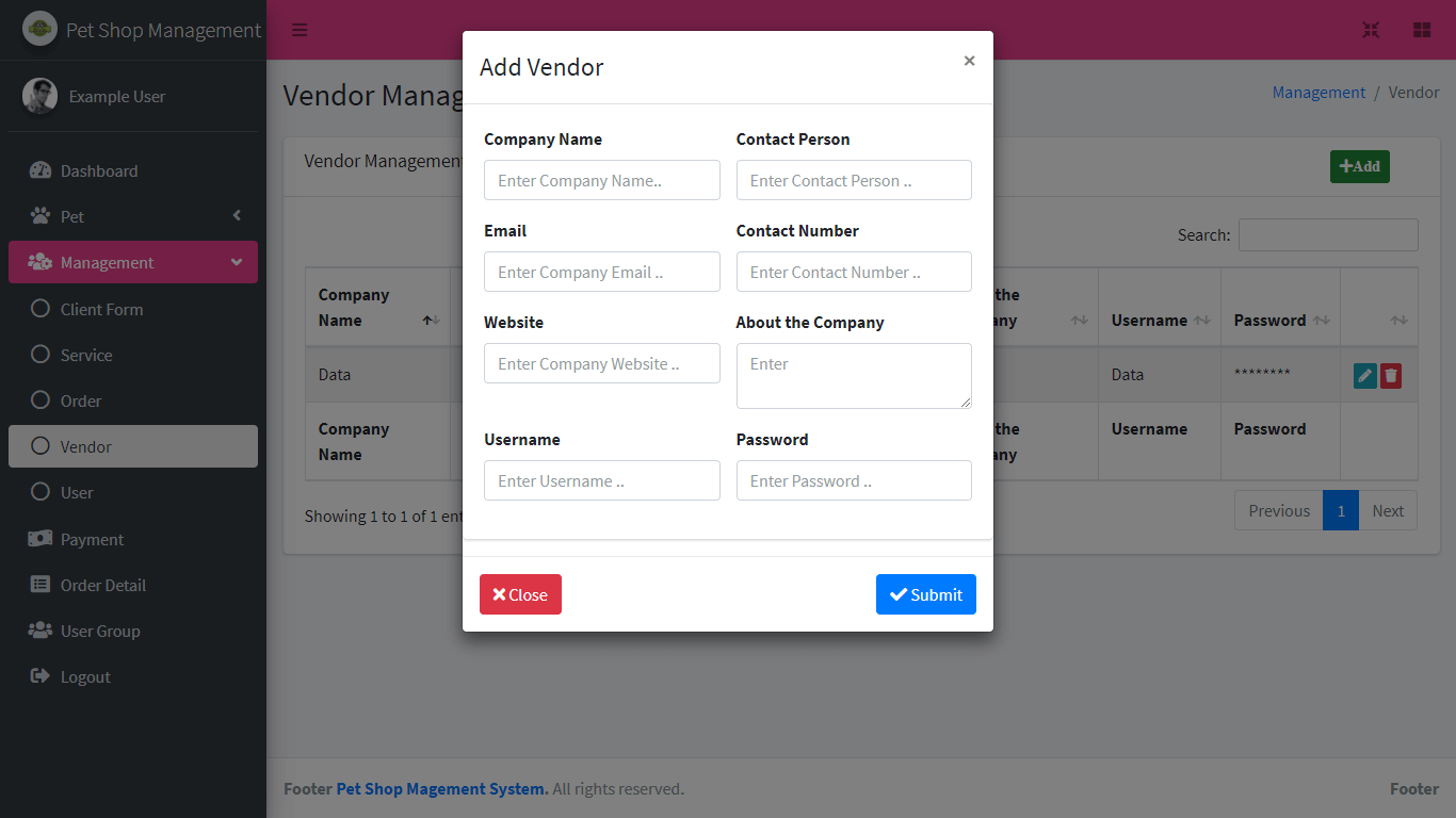 Pet shop Management System Free Download Bootstrap Template - Vendor Form