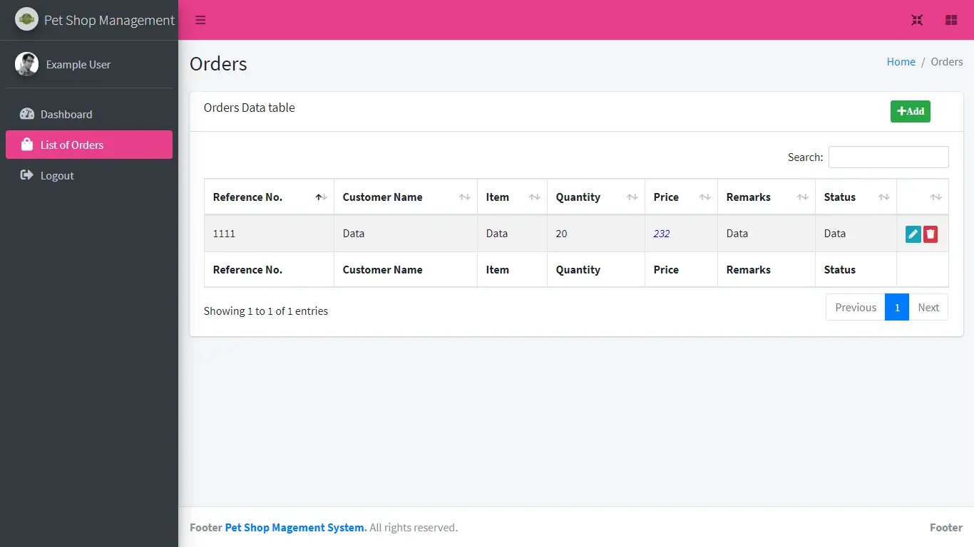 Pet shop Management System Free Download Bootstrap Template - Vendor List of Orders